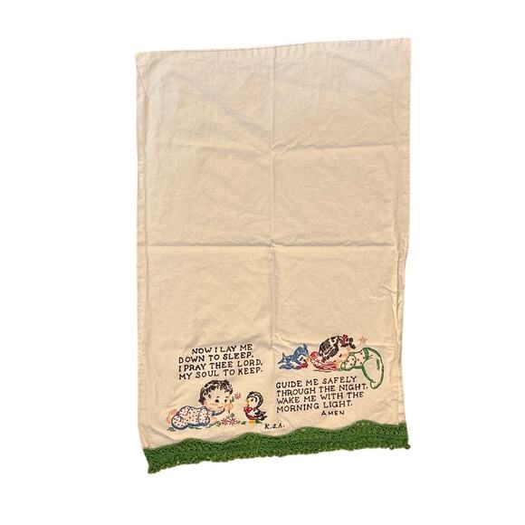 Vintage Pillowcase – Embroidered Now I Lay Me Down to Sleep Prayer – Deco Trim - Picture 1 of 8